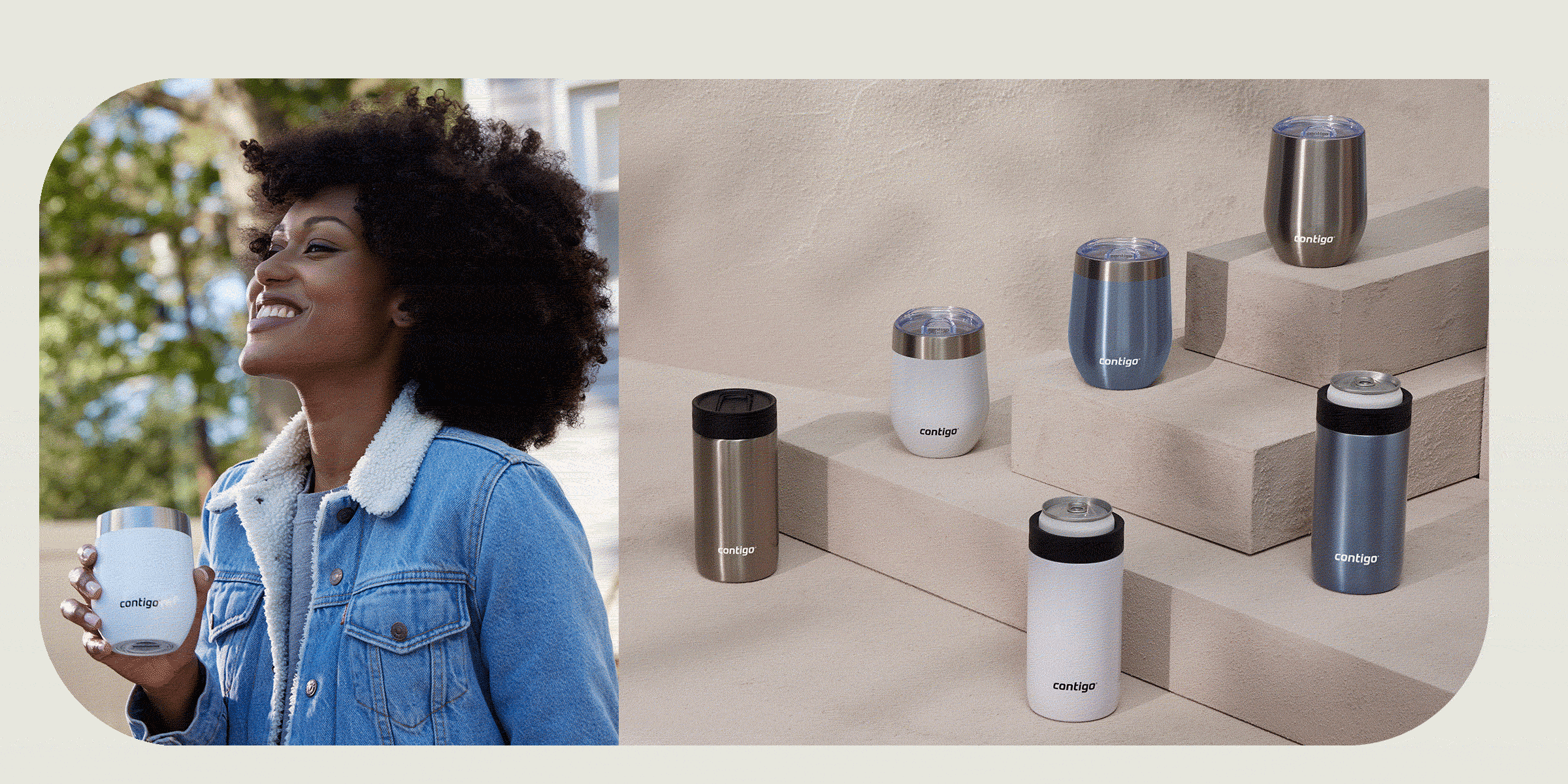 A collection of insulated stainless steel mugs and cups for drinking on the go