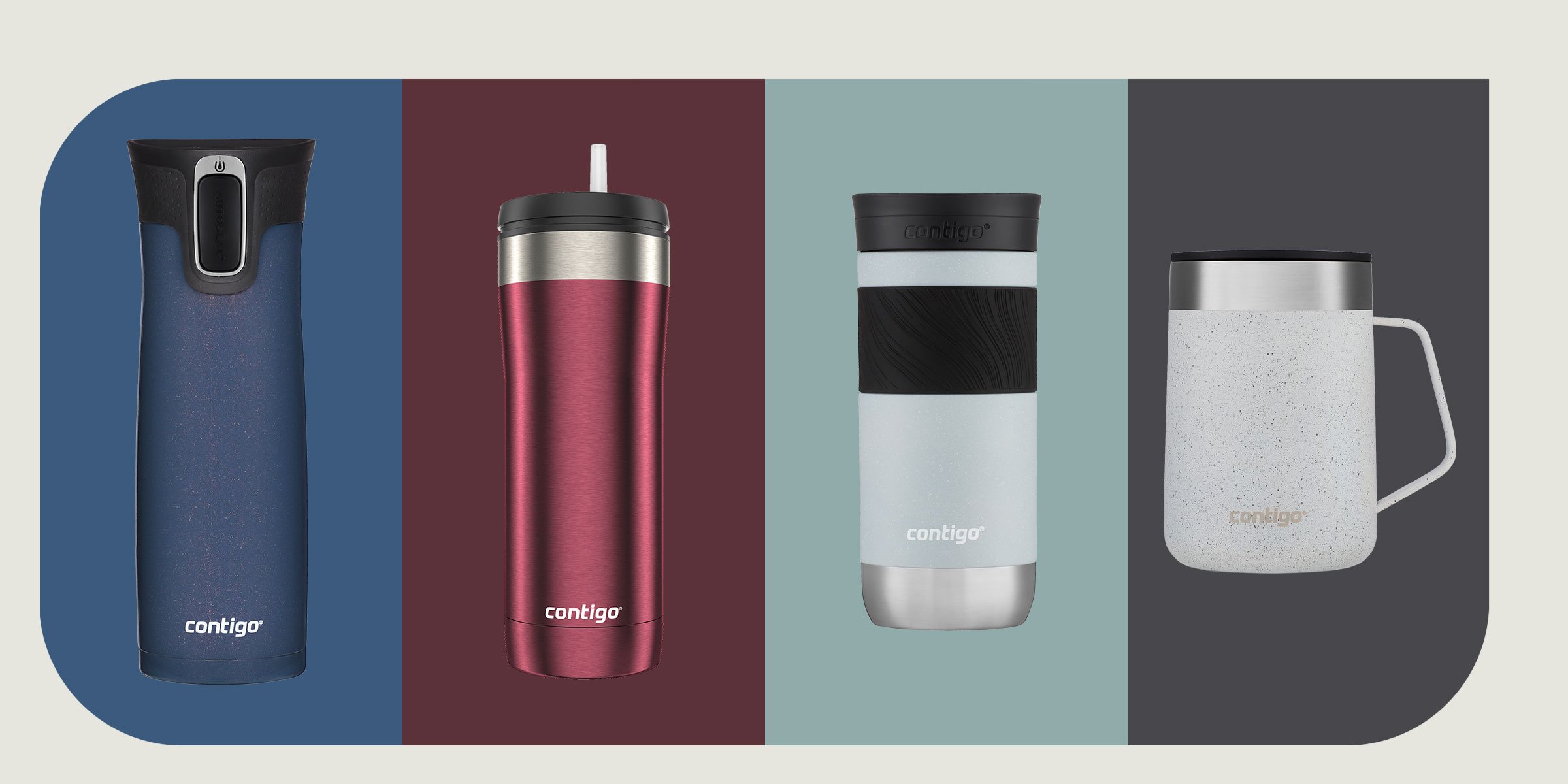 assorted travel mugs and tumblers