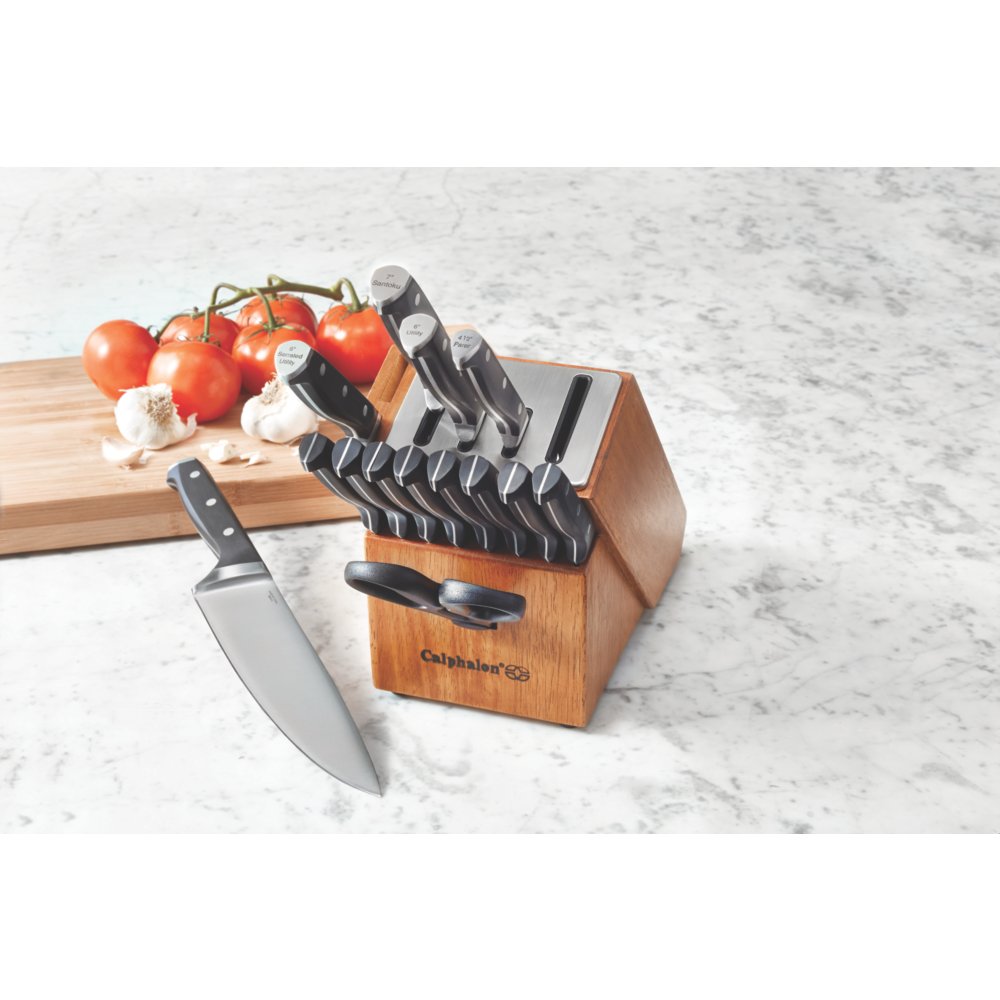 Select by Calphalon™ Self-Sharpening Knife Set with Block, Cutlery Set,  15-Piece, with SharpIN™ Self-Sharpening Knife Block, Dark Wood