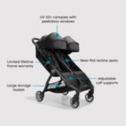 Double stroller with UV 50+ canopies with peekaboo windows, near-flat recline seats, adjustable calf supports, large storage basket, limited lifetime frame warranty image number 6