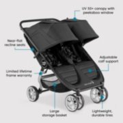 city mini 2 double stroller U V 50 plus canopy with peekaboo window, near-flat recline seats, limited lifetime frame warranty, large storage basket, lightweight durable tires, adjustable calf support image number 5