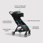 stroller with UV 50+ canopy with peekaboo window, near-flat seat recline, adjustable calf support, large storage basket, limited lifetime frame warranty image number 5