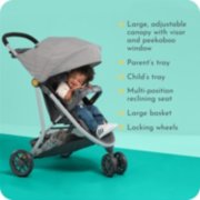 Century stroller with canopy, visor, peekaboo window, child and parent trays, reclining seat, basket and locking wheels image number 5