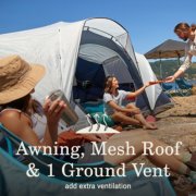 People around tent that has an awning and mesh roof and one ground vent image number 6