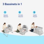 dream more three in one travel bassinet is three bassinets in one including a bedside bassinet, portable bassinet, and toddler playard image number 1