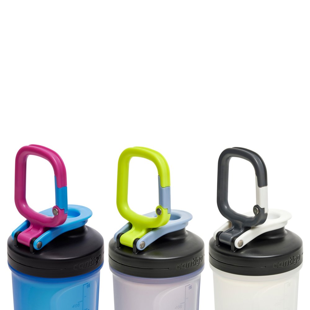 Our new Contigo FIT Shake & Go 2.0 Mixer Bottles have carabineer handles  that can easily hook to gym bags for portable protein shakes.