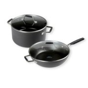 Six-piece set including stock pot, frying pan, two covers, and two cooking implements image number 1