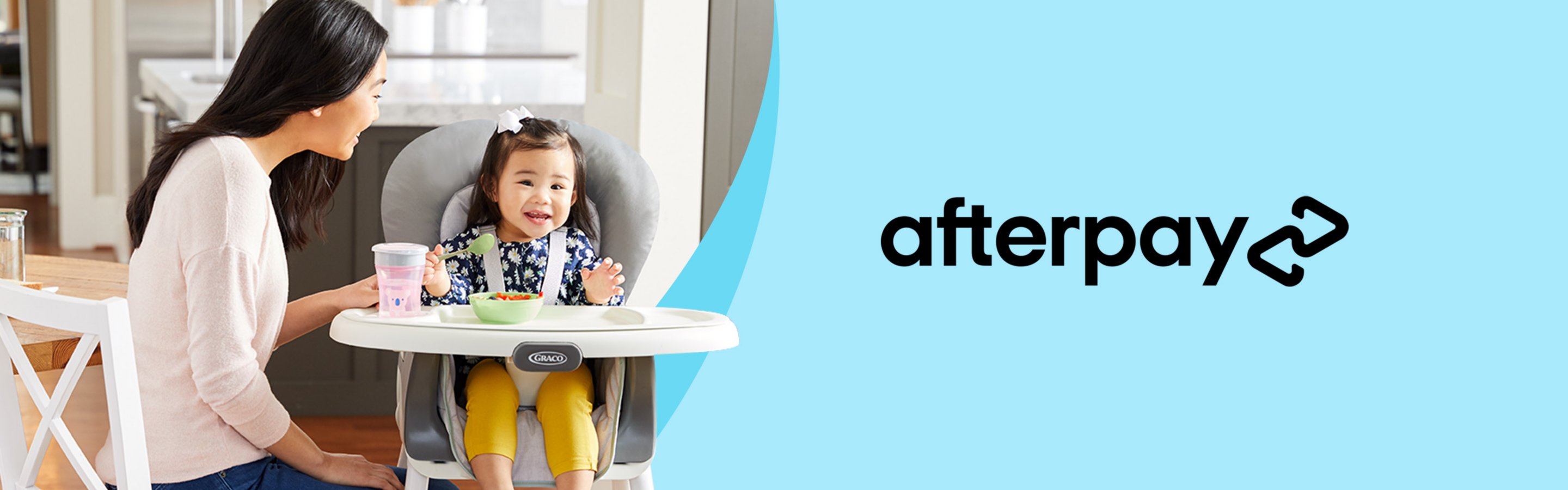 afterpay banner with mother besides child in high chair