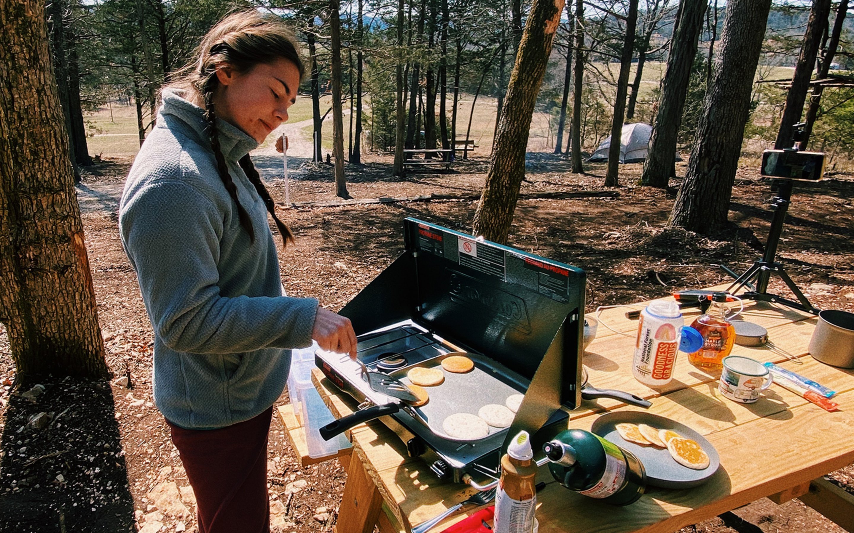 outside using assorted camping gear