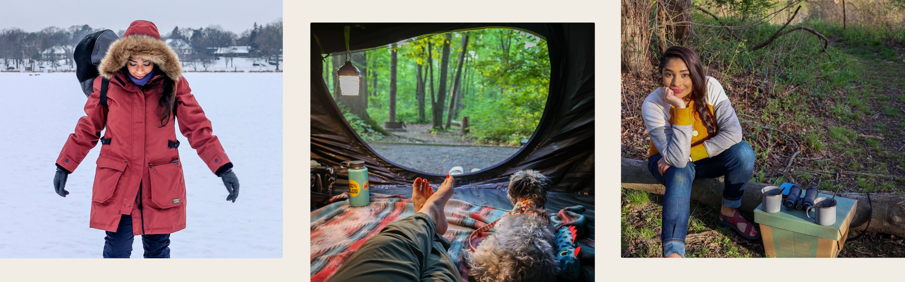 a camper using outdoor camping gear with dog outdoors