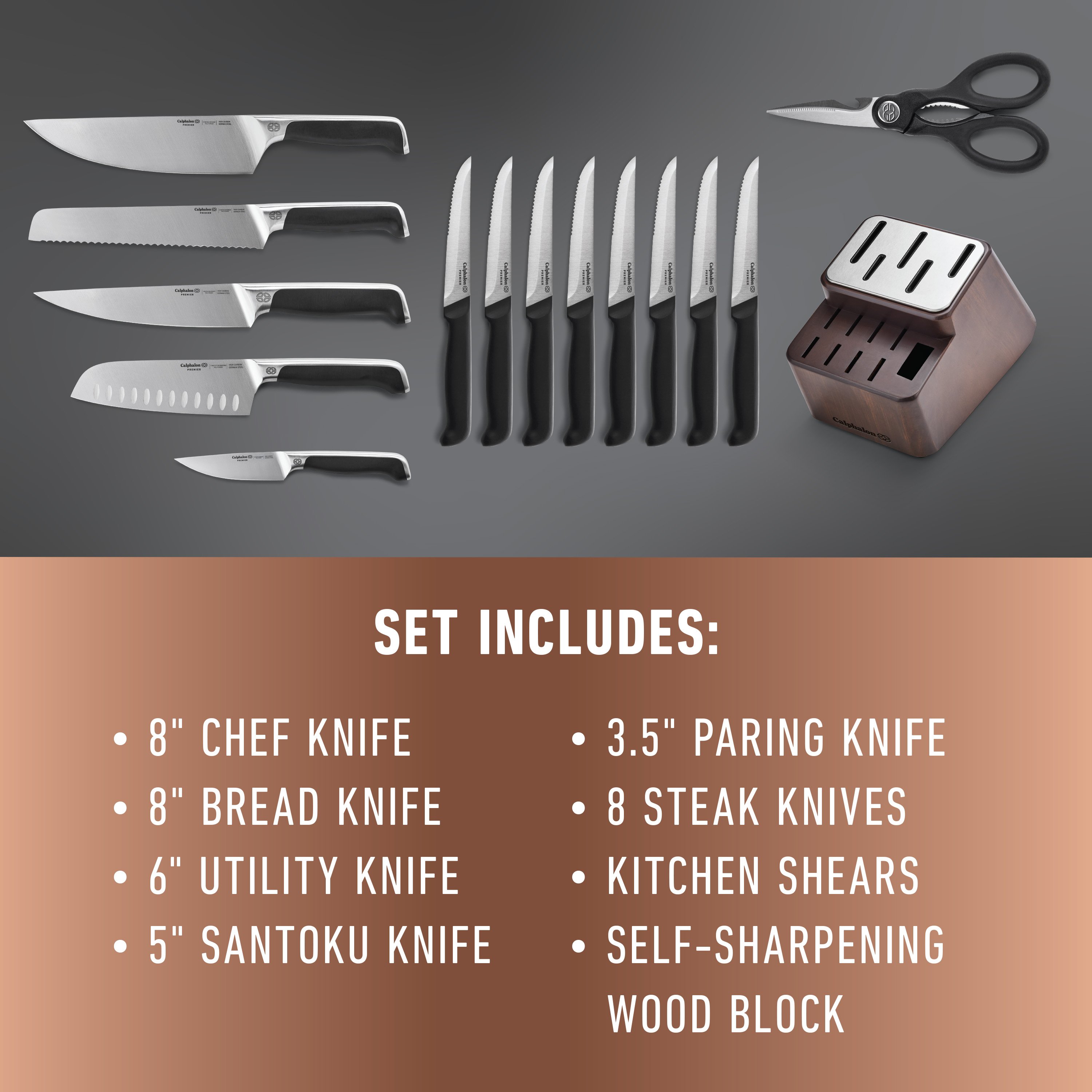  Calphalon Kitchen Knife Set with Self-Sharpening Block,  15-Piece Classic High Carbon Knives: Home & Kitchen