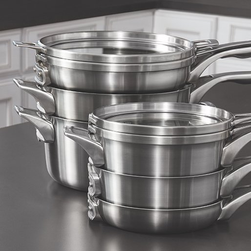 Stainless steel space-saving nonstick cookware set