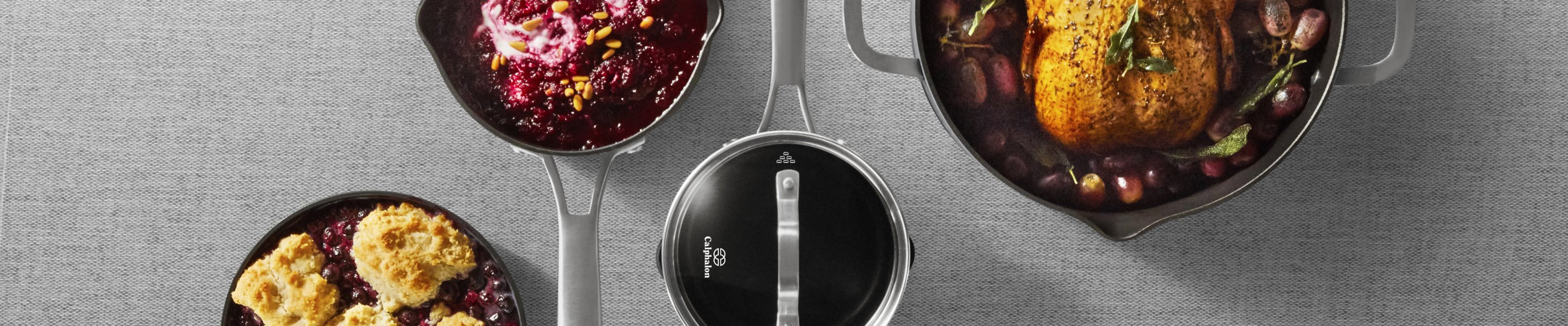 Nonstick cookware displayed with food inside