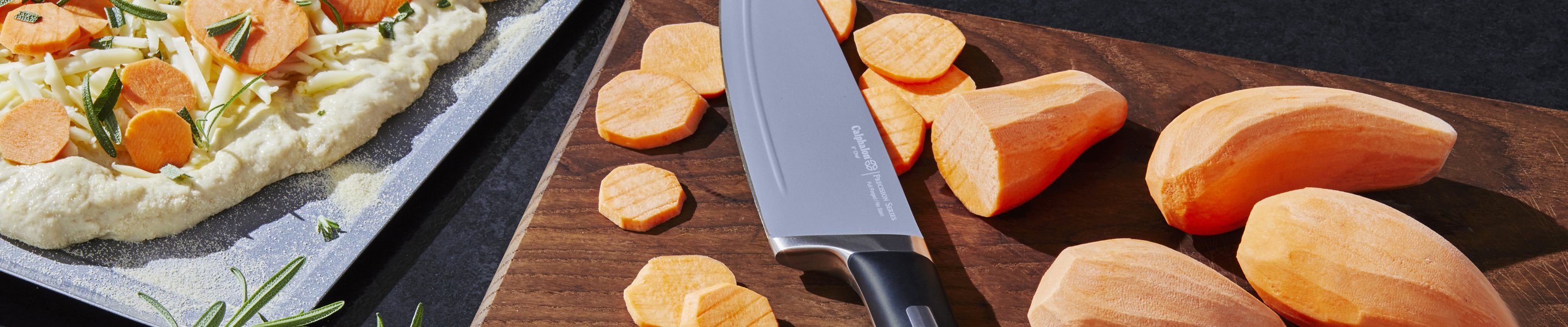 Lifestyle of chef knife on a cutting board