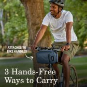 Man on bicycle with tote that has three hands free ways to carry image number 2