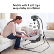 A baby swing with a mobile overhead that has three soft toys to entertain kids image number 5