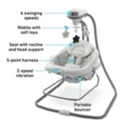 Baby swing featuring 6 speeds, mobile toys, recline seat, five point harness, two speed vibration image number 6