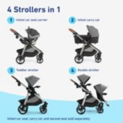 Four in one stroller with infant car seat carrier, infant carry cot, toddler stroller, and double stroller image number 3