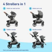 Four in one stroller with infant car seat carrier, infant carry cot, toddler stroller, and double stroller image number 5