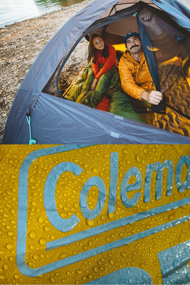 two campers zipping up tent on top and wet fabric with Coleman logo on bottom