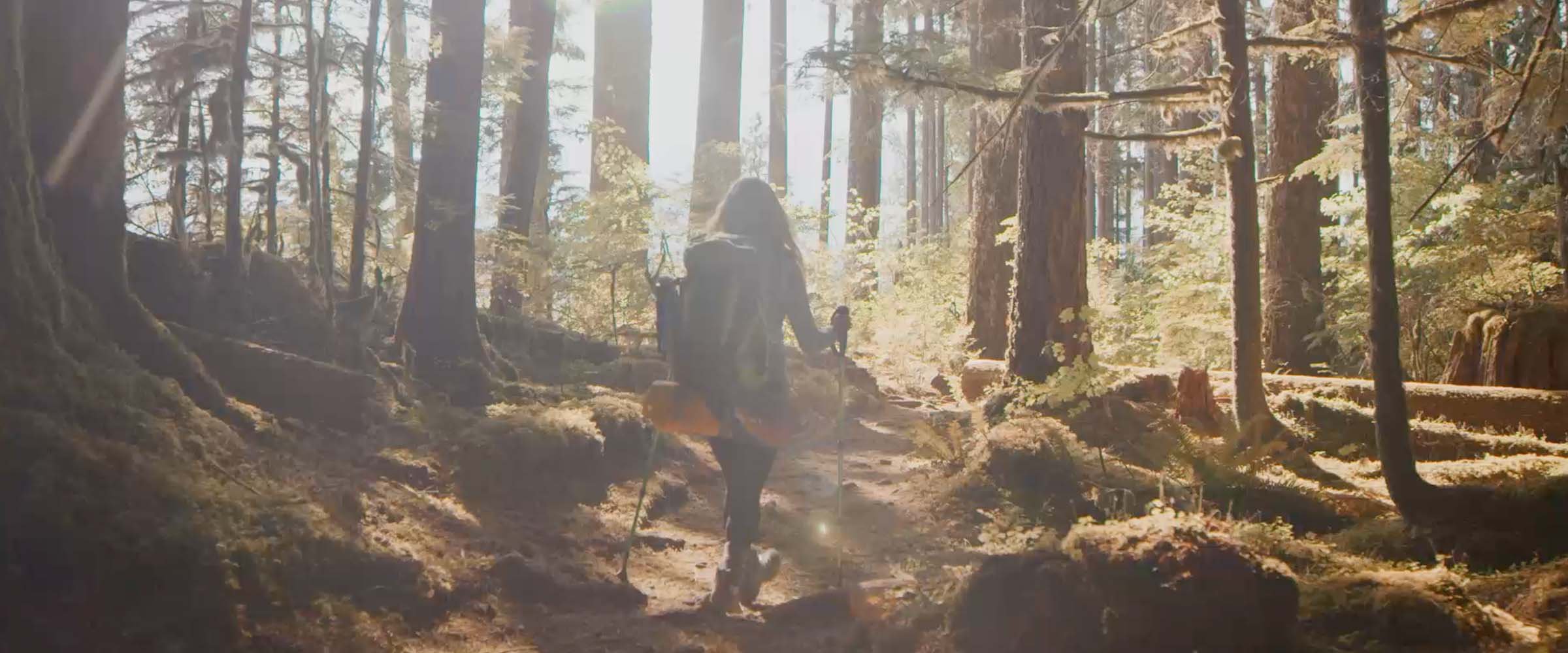 women with hiking gear in the woods