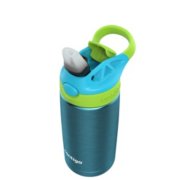 top-down view of kids water bottle with lime green and cyan lid and blue stainless steel container image number 2