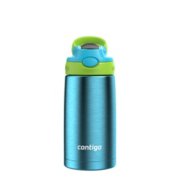 frontal view of kids water bottle with lime green and cyan lid and blue stainless steel container image number 1