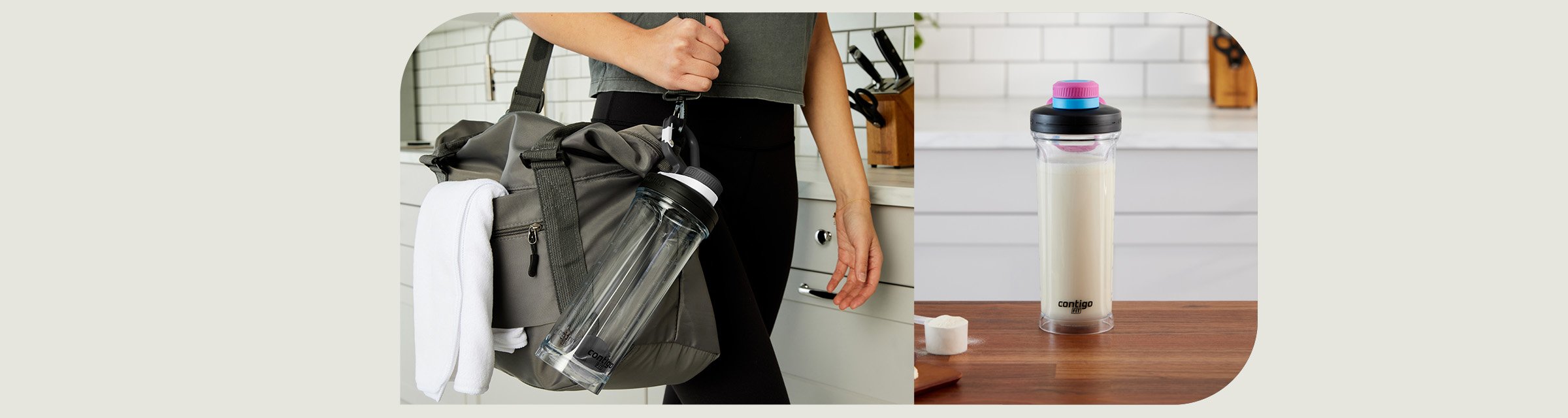 Split image of person carrying a water bottle on their bag, and a bottle filled with a protein shake